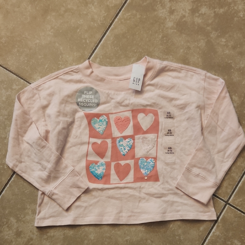GAP Kids Light Pink Sequin Heart Long Sleeve Tee